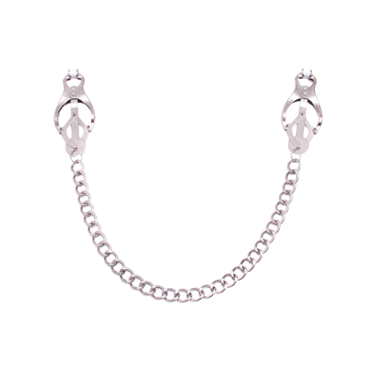 Silver nipple clips connected by a chain on transparent background