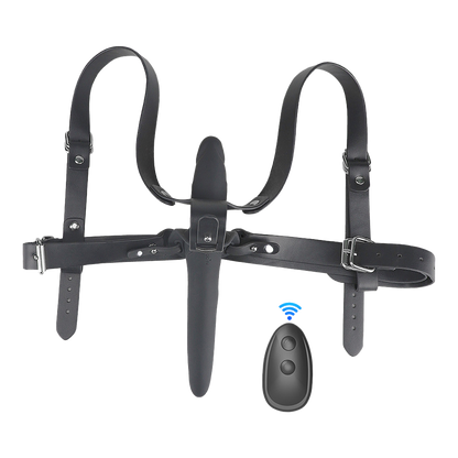 Black strap-on dildo on a harness with a black remote control on a transparent background