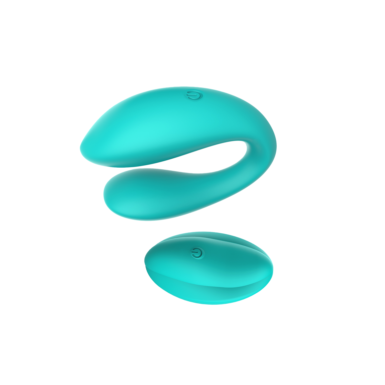 Turquoise silicone U-shaped couple's vibrator with a remote control on a white background