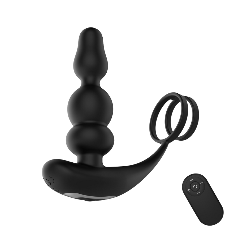 Black prostate massager connected to a cock ring with remote control on a white background