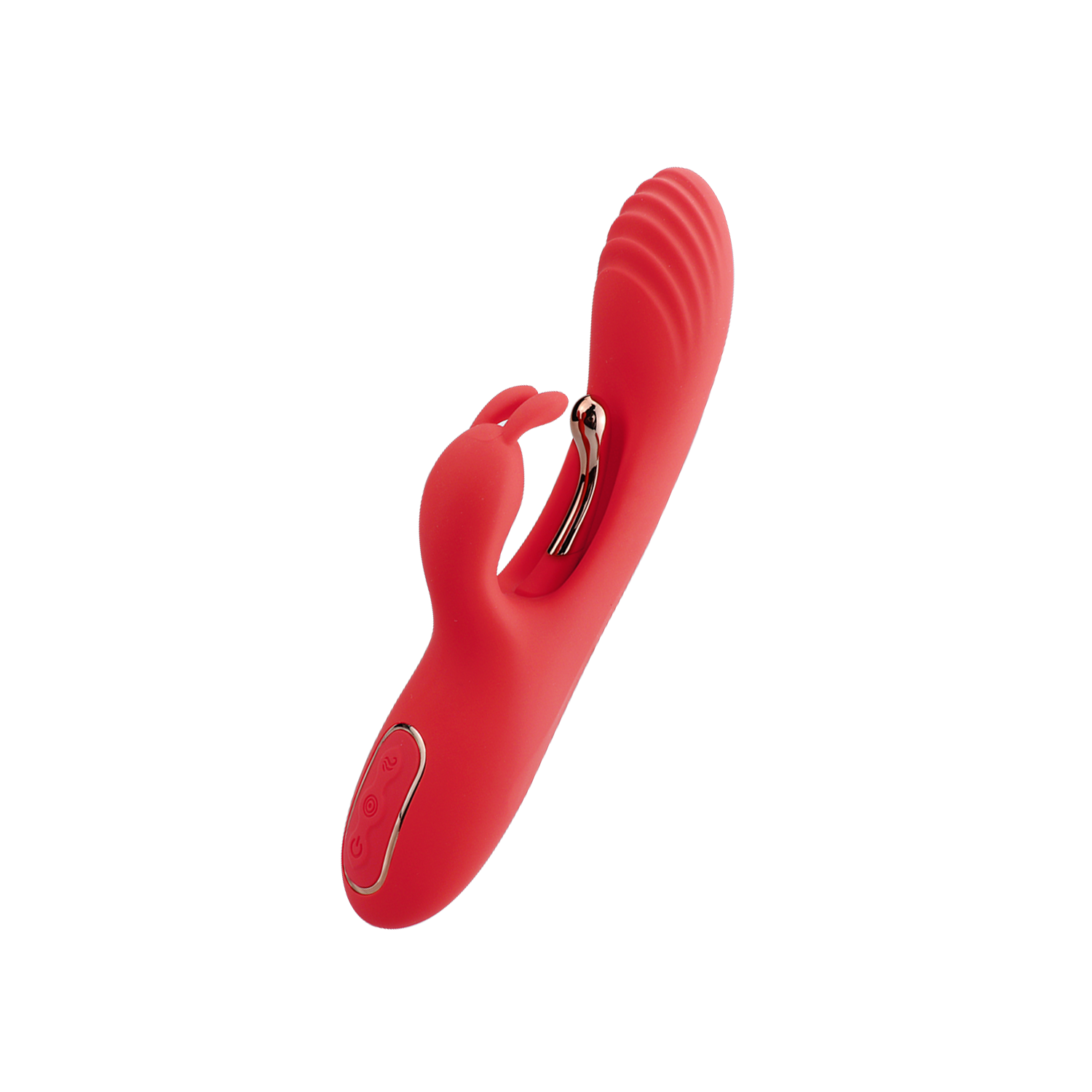 Red dual vibrator with rabbit clit stimulator on a transparent background